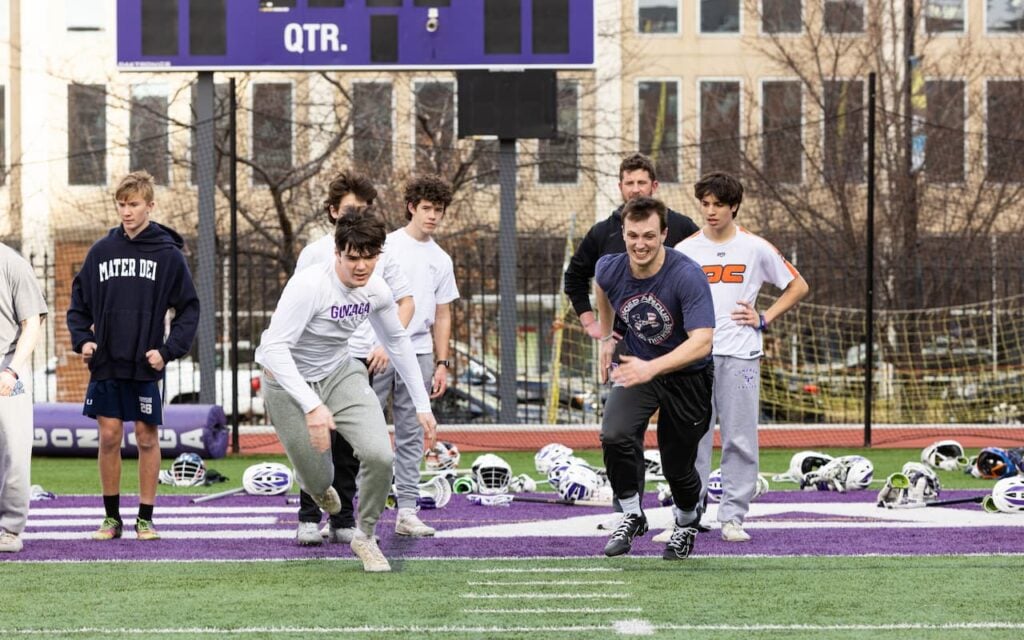 Group of athletes training on field