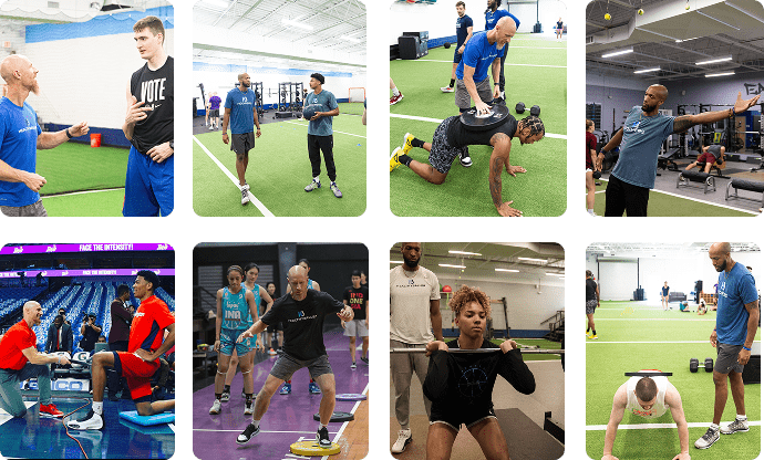 Athletes training in gym with fitness coaches.